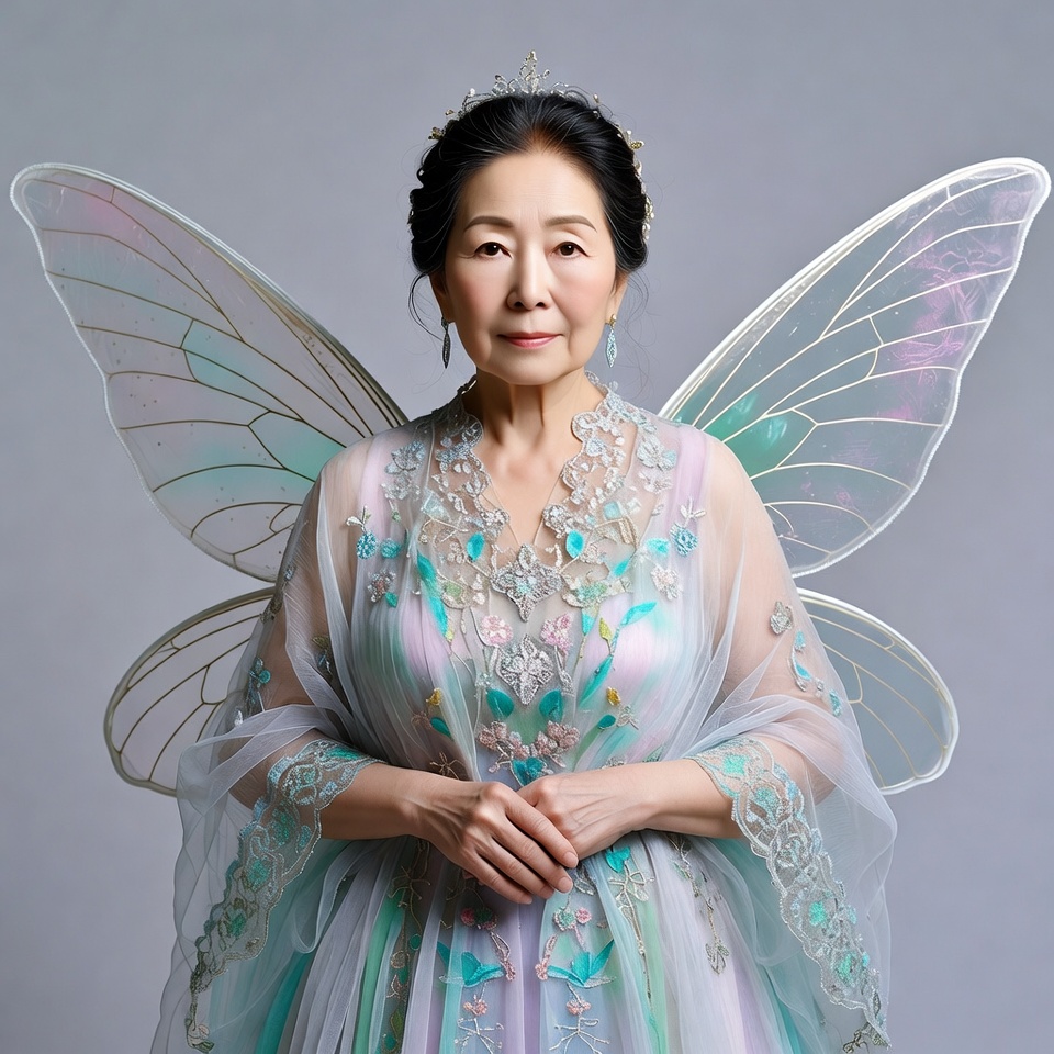 Elderly Asian woman with fairy wings Elderly Asian woman with fairy wings