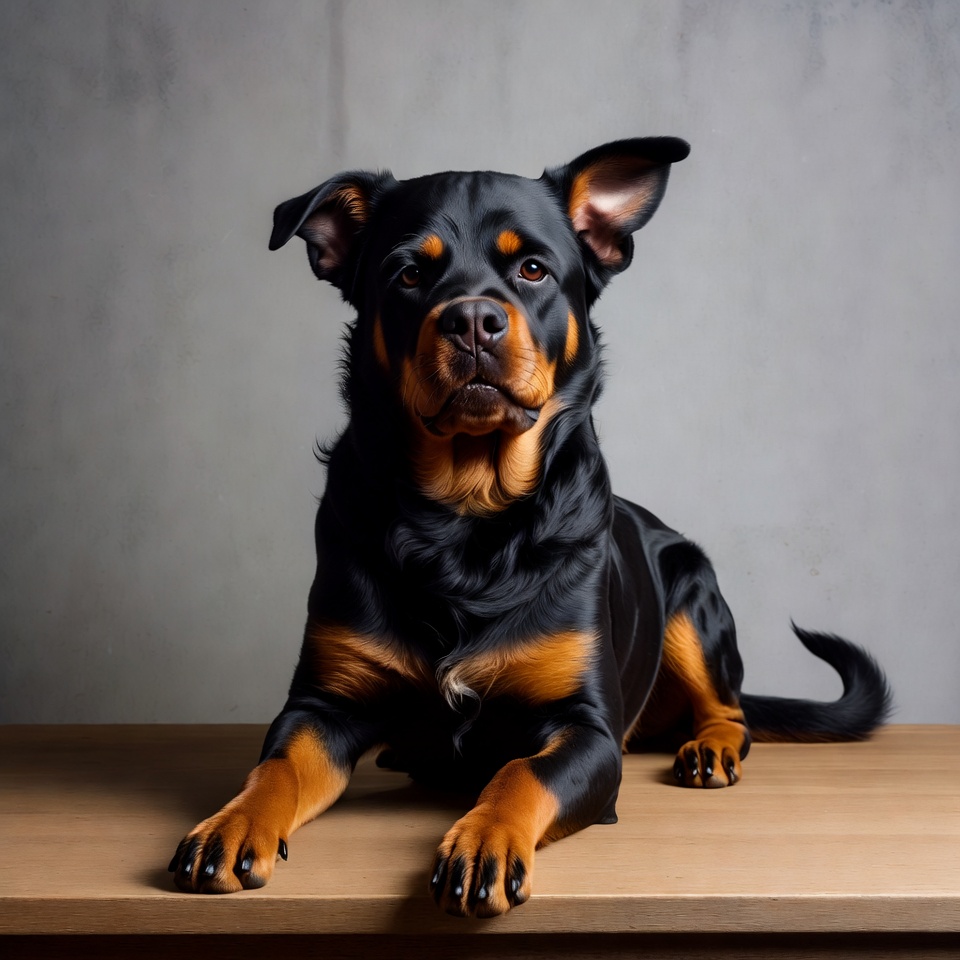 Rottweiler sitting on wooden table Rottweiler sitting on wooden table