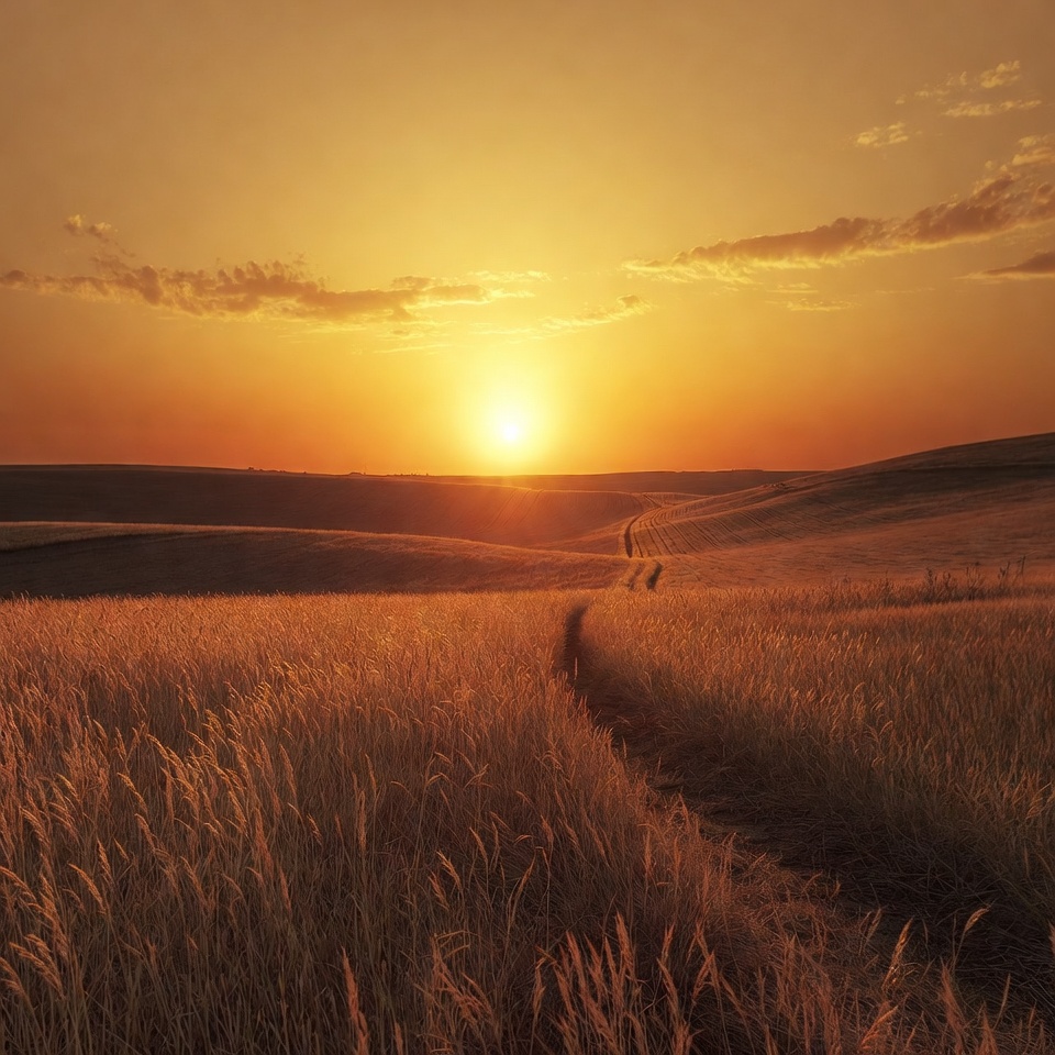 Sunset over wheat field path Sunset over wheat field path