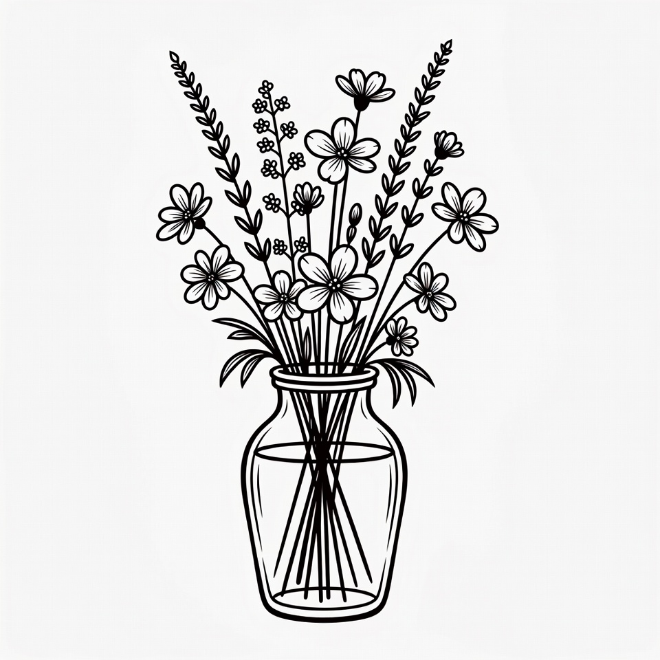 Line Art Flowers in Glass Vase Line Art Flowers in Glass Vase
