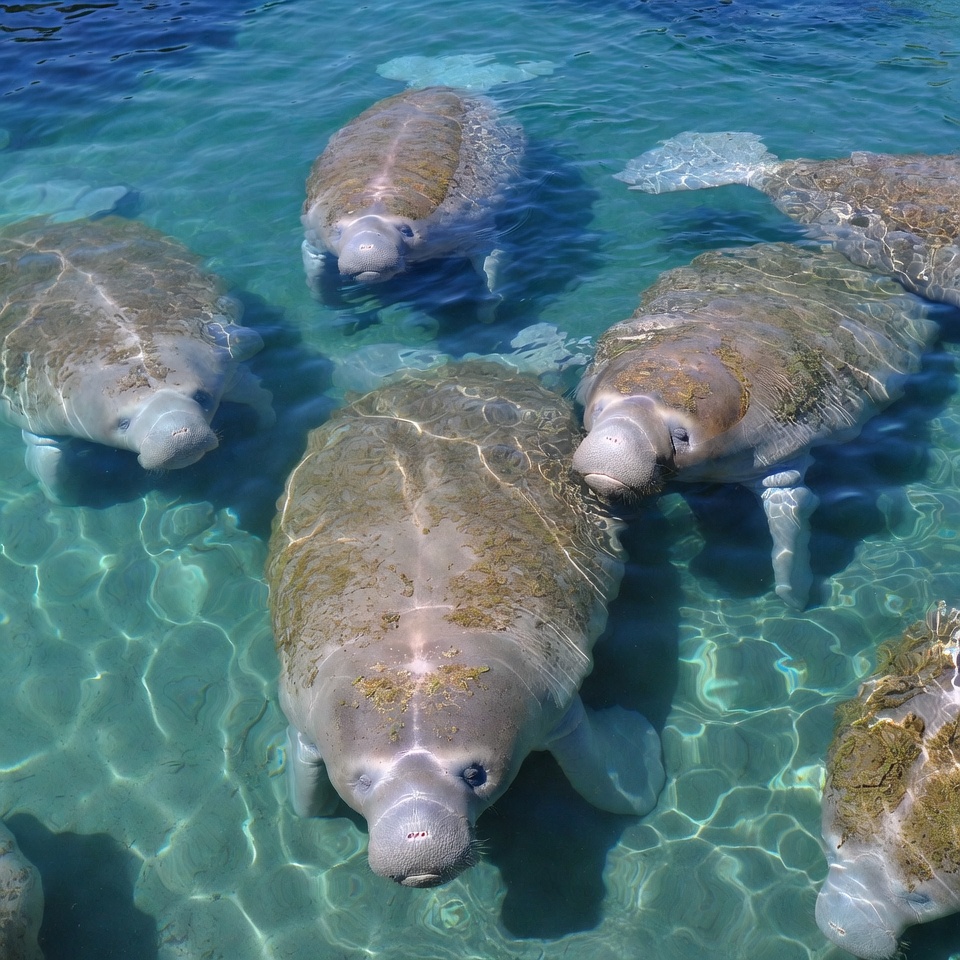 Group of Manatees Swimming in Clear Water Group of Manatees Swimming in Clear Water