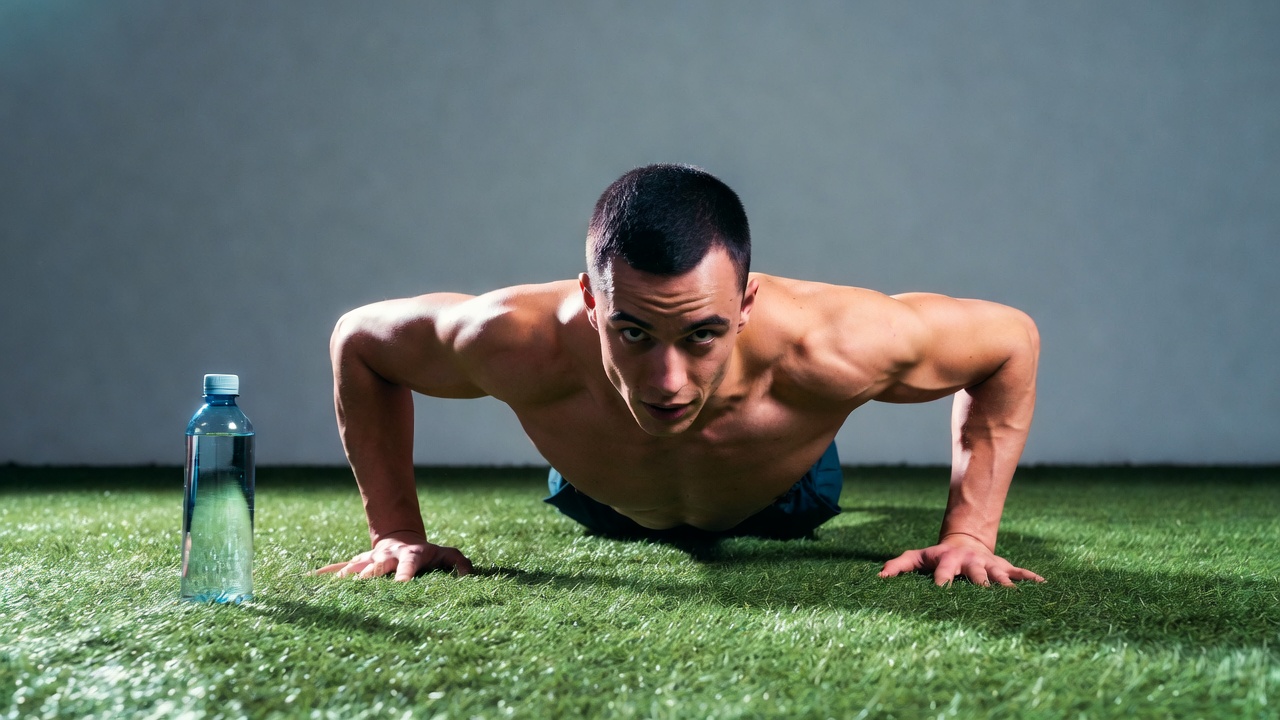 Muscular man doing pushups on grass Muscular man doing pushups on grass
