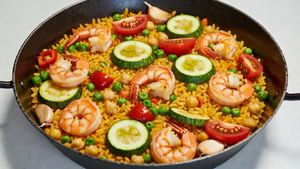 Shrimp Paella with Vegetables in Pan Shrimp Paella with Vegetables in Pan