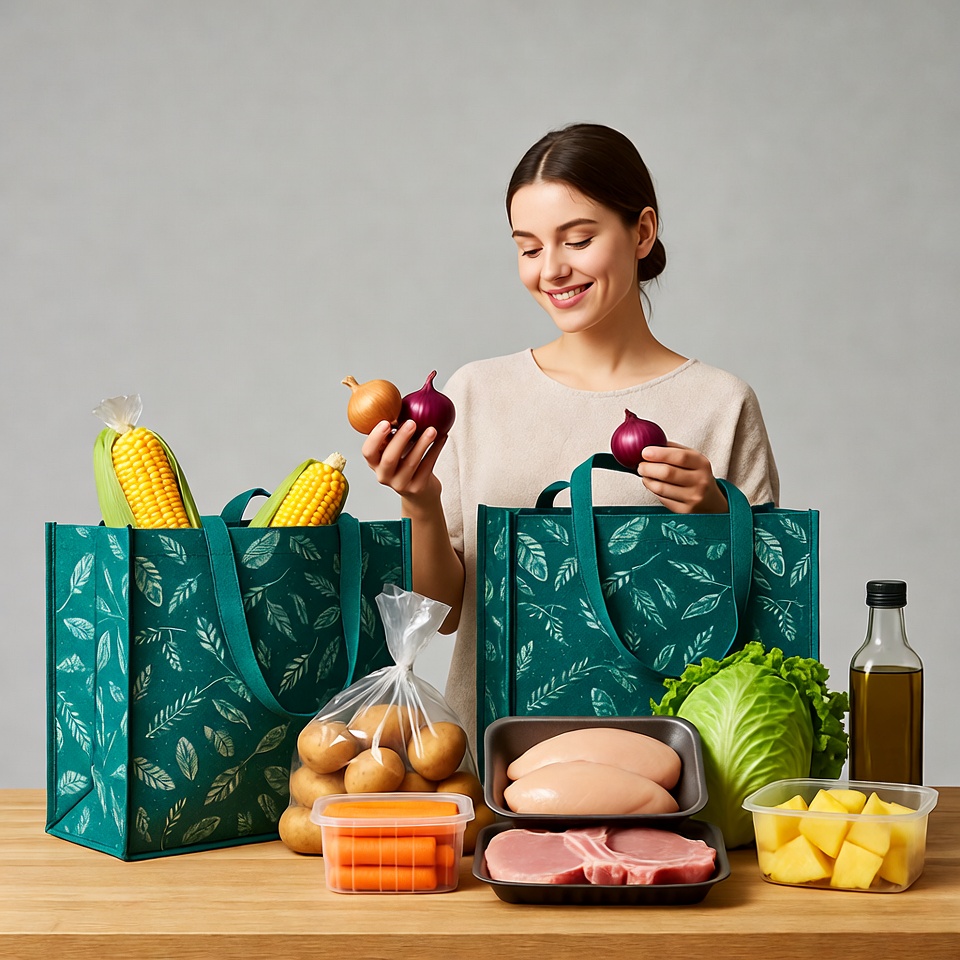 Woman holding onions with grocery bags Woman holding onions with grocery bags