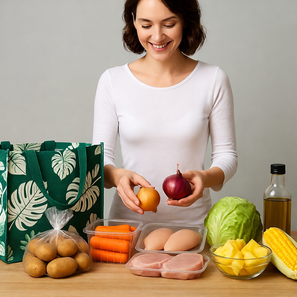 Smiling woman holding onions with groceries Smiling woman holding onions with groceries