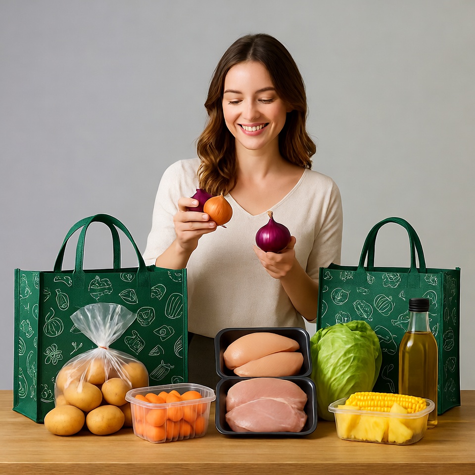 Woman holding orange onions with groceries Woman holding orange onions with groceries