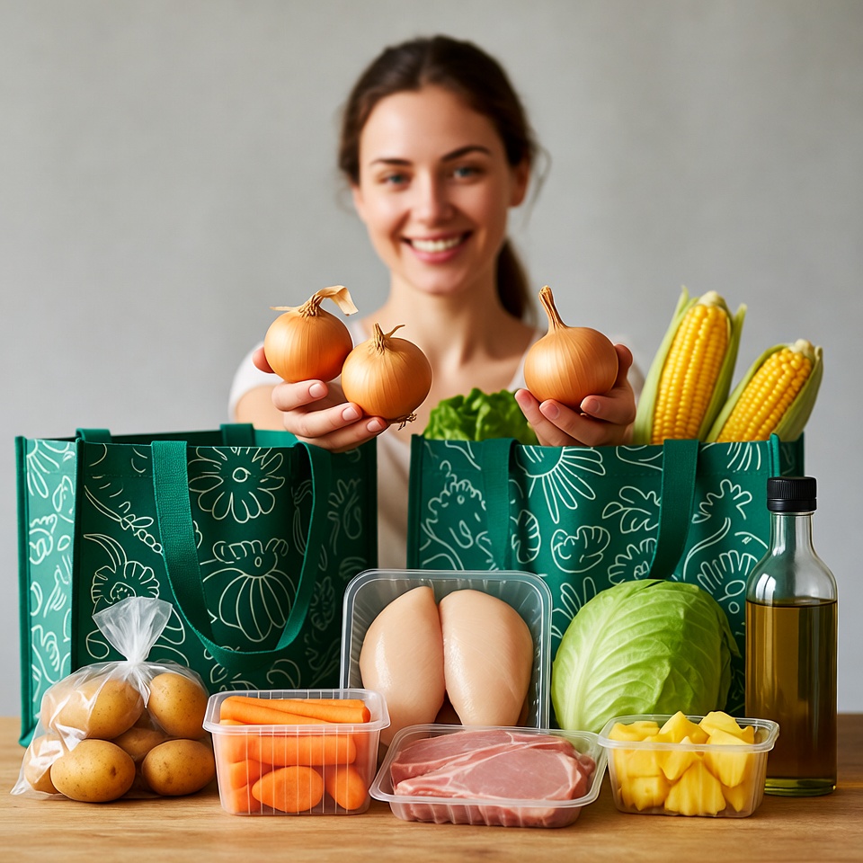 Woman holding grocery bags with vegetables Woman holding grocery bags with vegetables