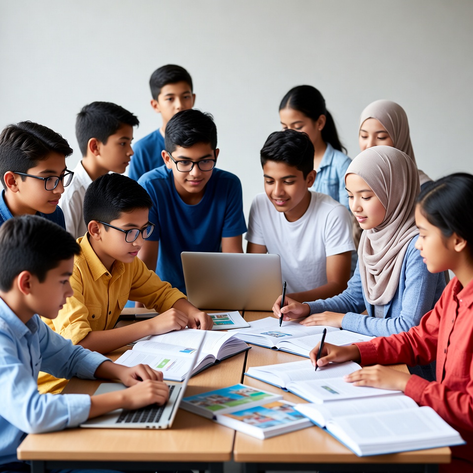 Diverse students studying around table Diverse students studying around table
