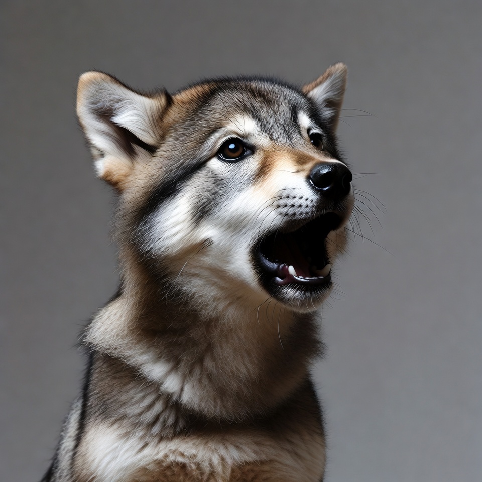 Husky puppy barking on gray background Husky puppy barking on gray background