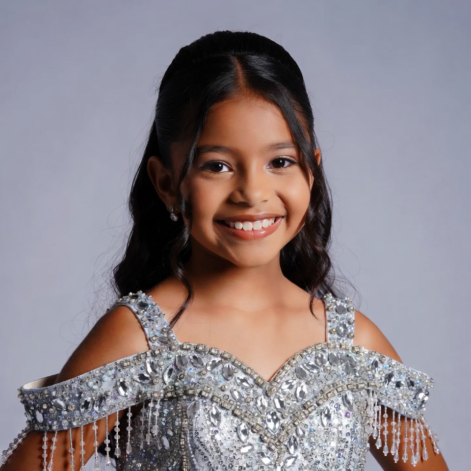 Smiling girl in silver beaded dress Smiling girl in silver beaded dress