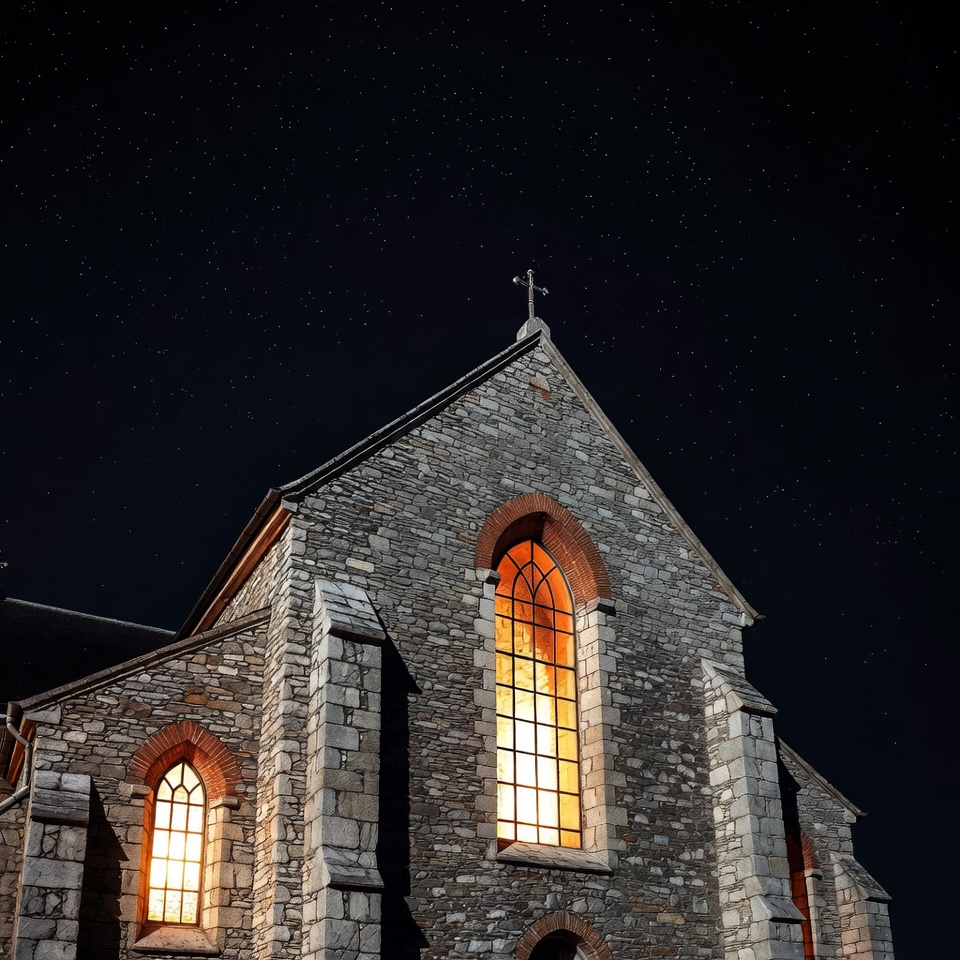 Stone Church with Lit Stained Glass Windows Stone Church with Lit Stained Glass Windows