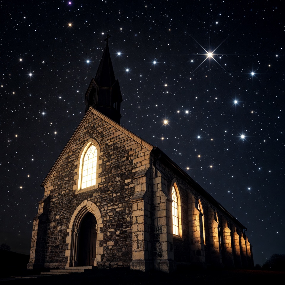 Stone Church Under Starry Night Sky Stone Church Under Starry Night Sky