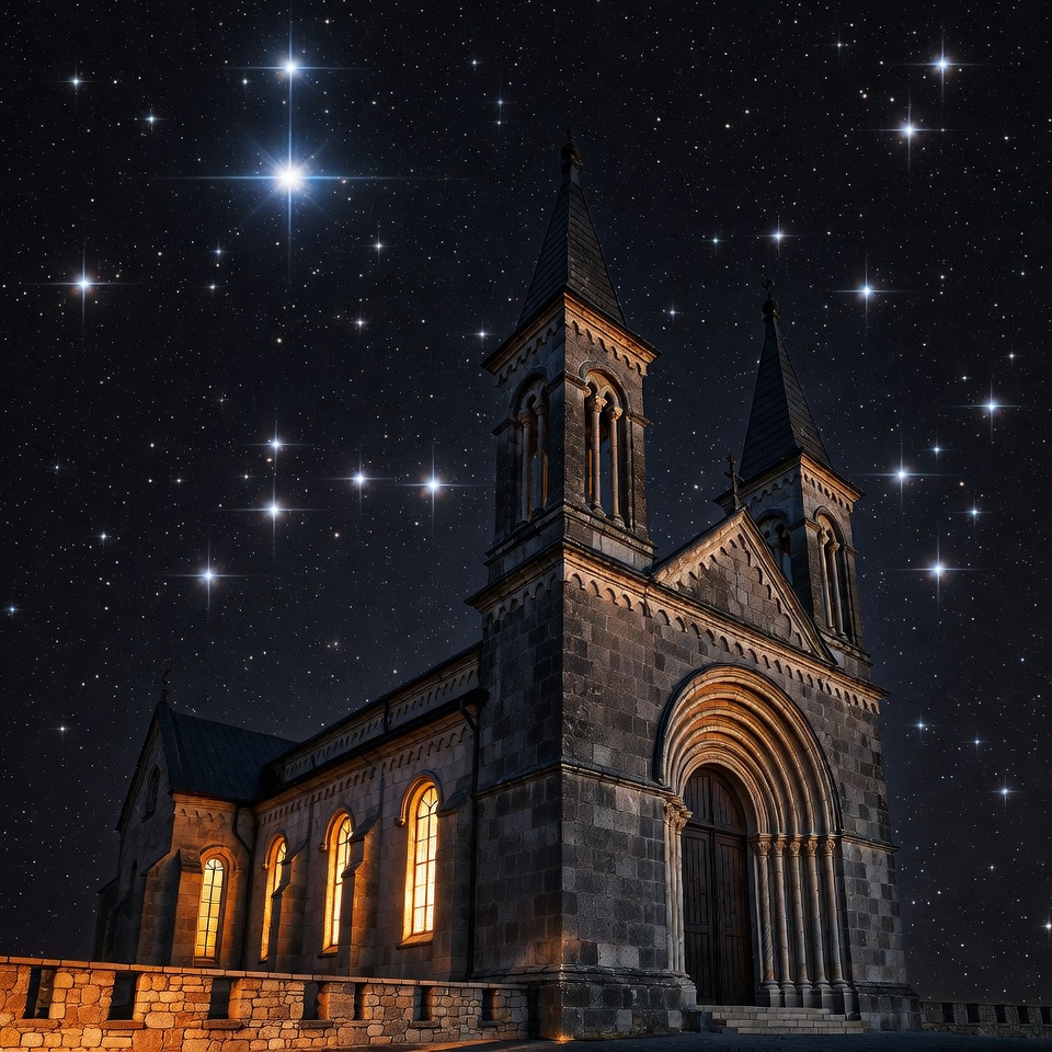 Gothic Church Under Starry Night Sky Gothic Church Under Starry Night Sky