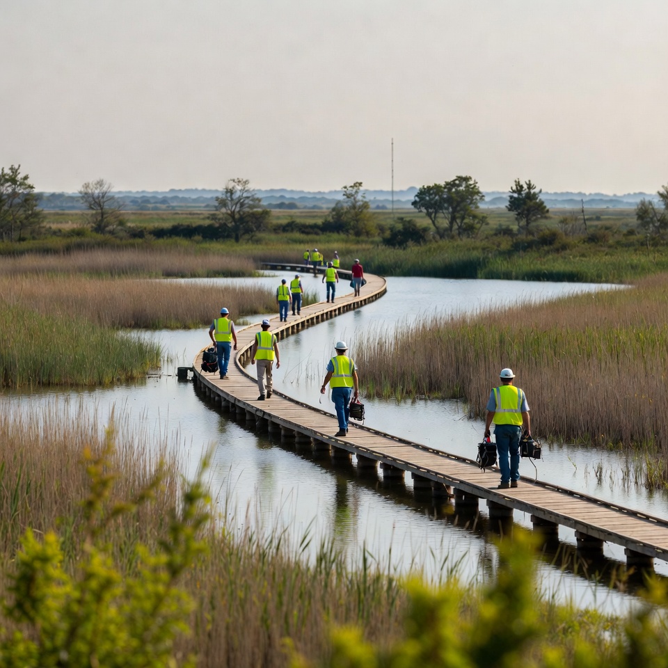 Workers walking on marsh boardwalk Workers walking on marsh boardwalk