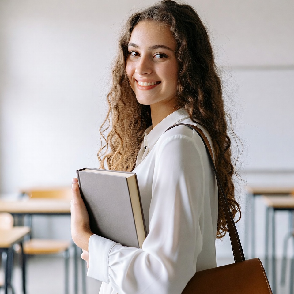 Smiling woman holding book in classroom Smiling woman holding book in classroom