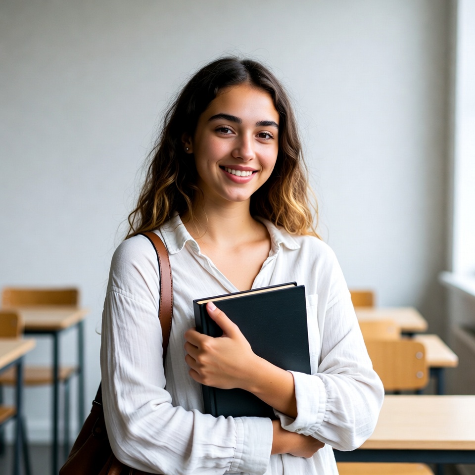 Smiling woman holding book in classroom Smiling woman holding book in classroom