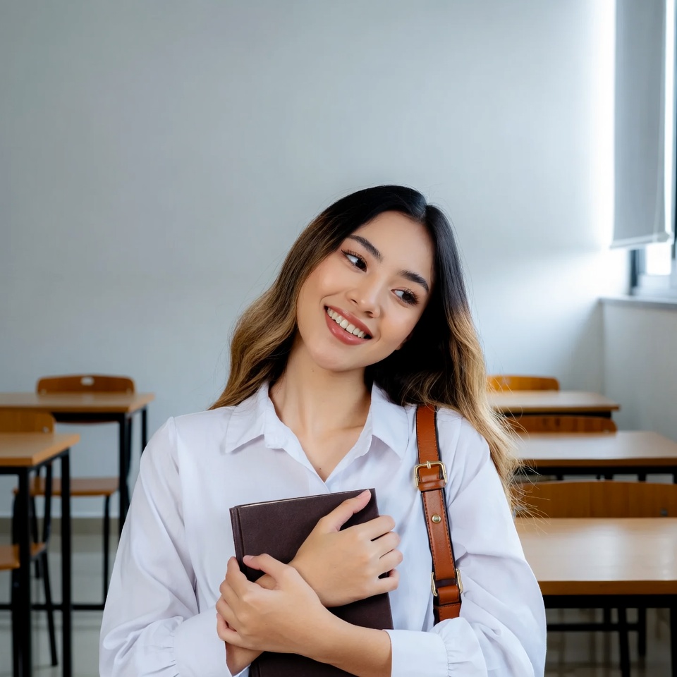 Asian woman holding book in classroom Asian woman holding book in classroom