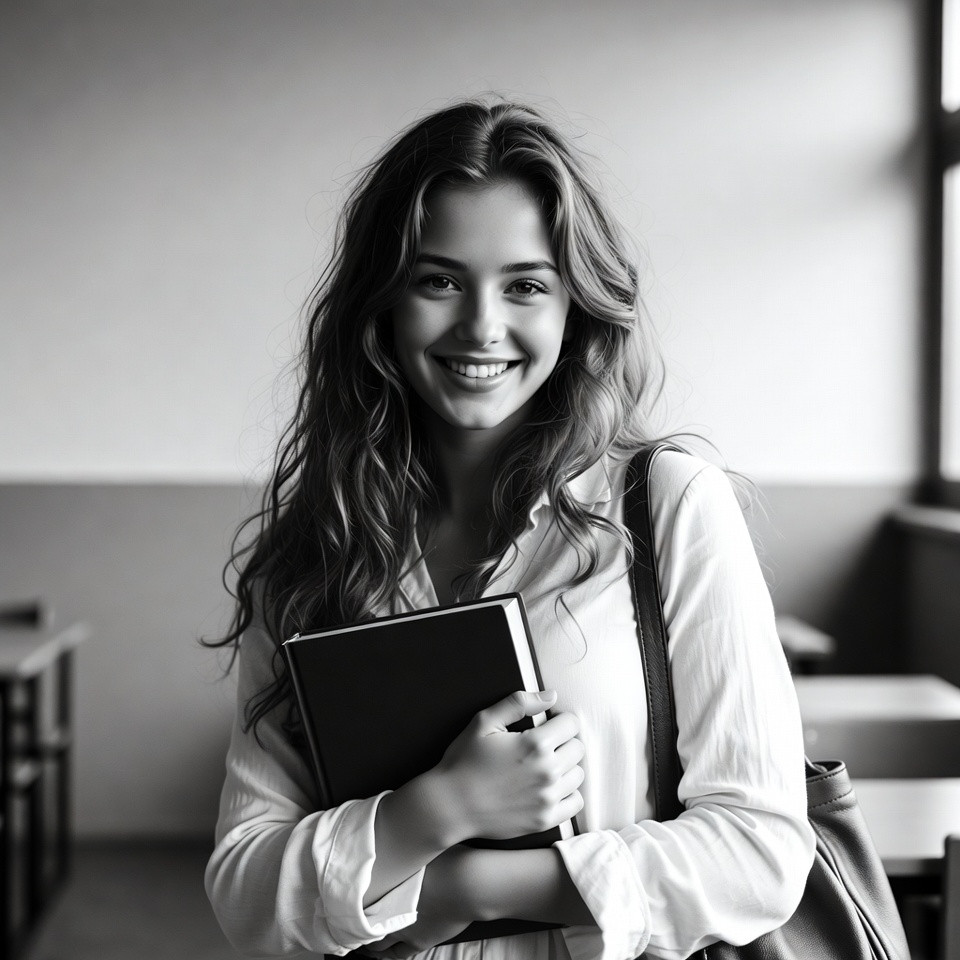 Smiling woman holding book in classroom Smiling woman holding book in classroom