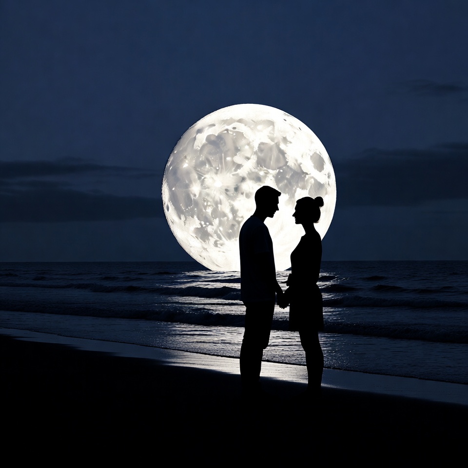 Silhouette couple holding hands under full moon Silhouette couple holding hands under full moon