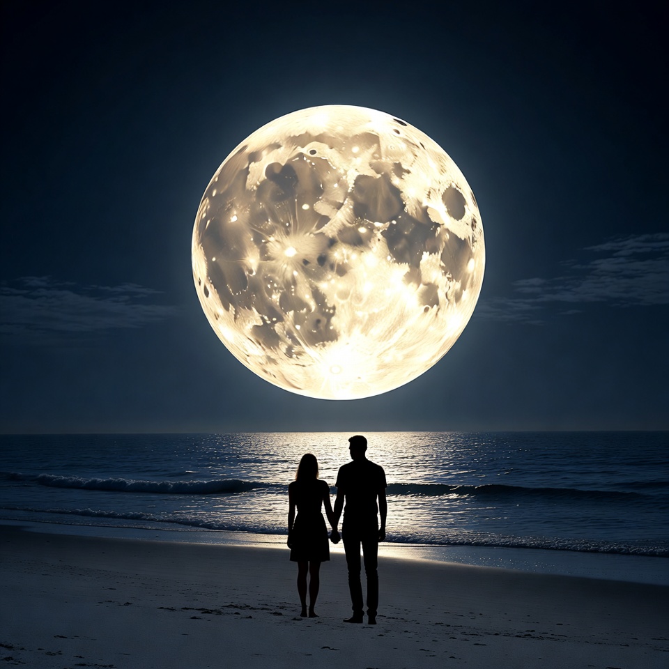 Silhouette couple viewing giant moon beach Silhouette couple viewing giant moon beach