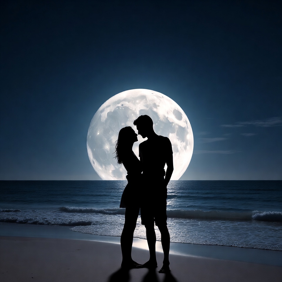 Silhouette couple kissing under moonlit beach Silhouette couple kissing under moonlit beach
