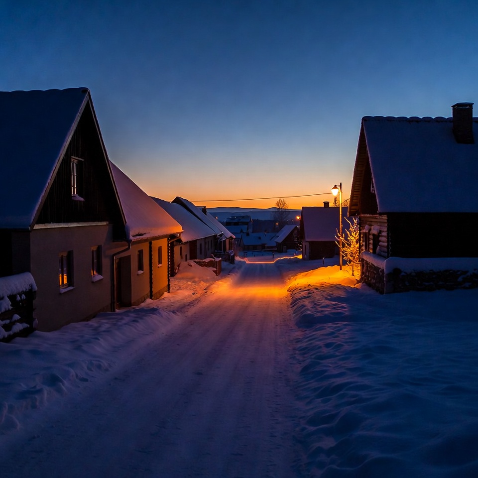 Snowy Village Street at Dusk Snowy Village Street at Dusk
