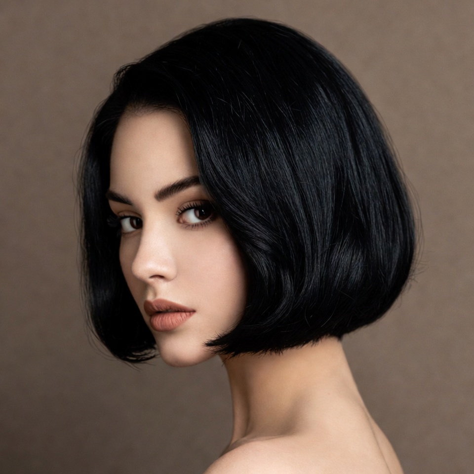 Woman with sleek black bob haircut Woman with sleek black bob haircut