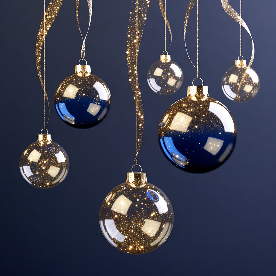 Gold Ribbons and Blue Christmas Ornaments Gold Ribbons and Blue Christmas Ornaments
