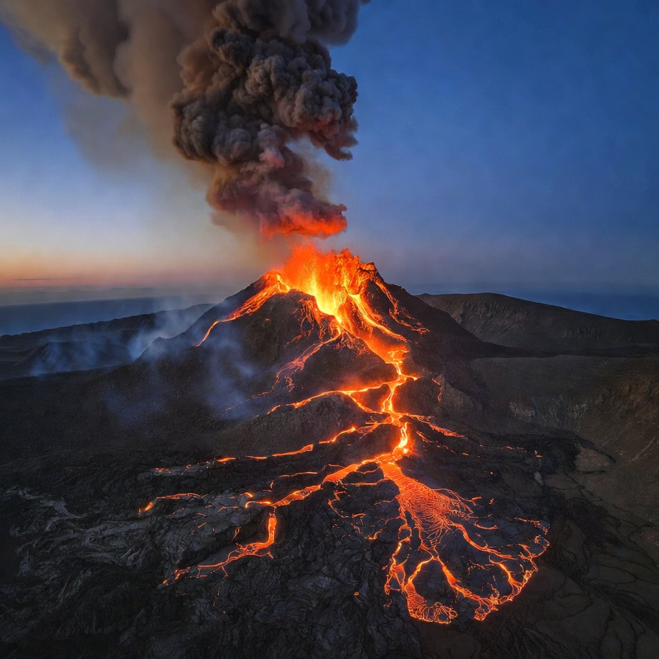 Erupting Volcano at Twilight Erupting Volcano at Twilight
