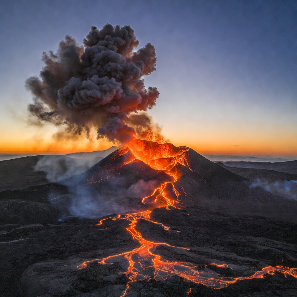Erupting Volcano at Sunset Erupting Volcano at Sunset