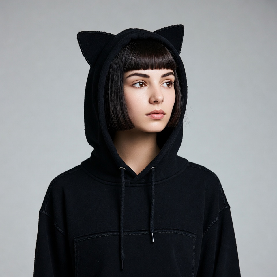 Woman in black cat ear hoodie Woman in black cat ear hoodie
