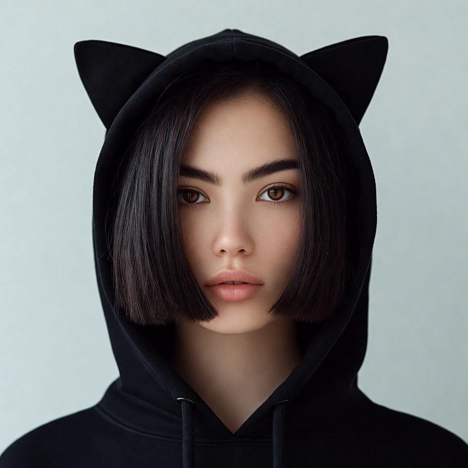 Asian woman in cat ear hoodie Asian woman in cat ear hoodie