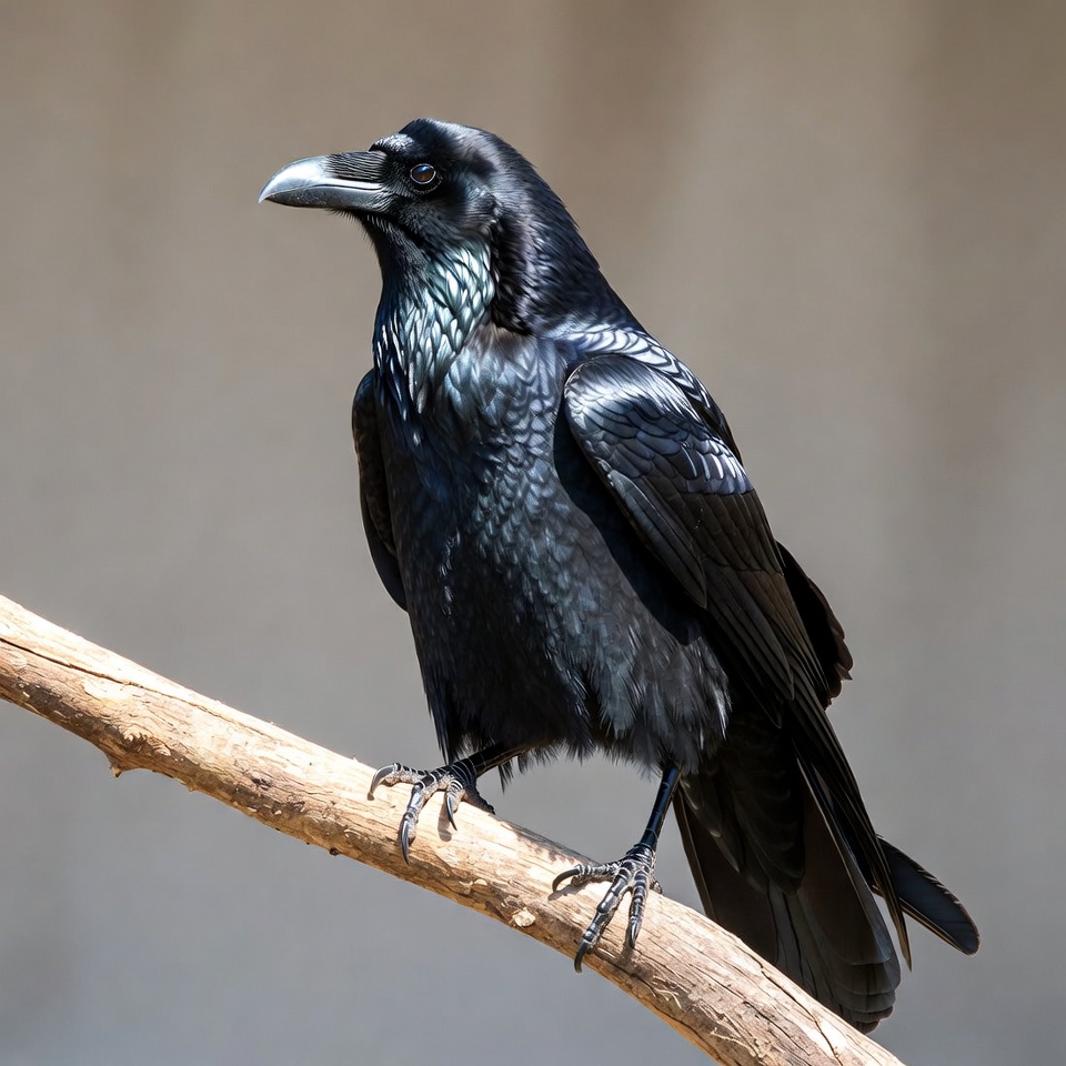Raven perched on wooden branch Raven perched on wooden branch