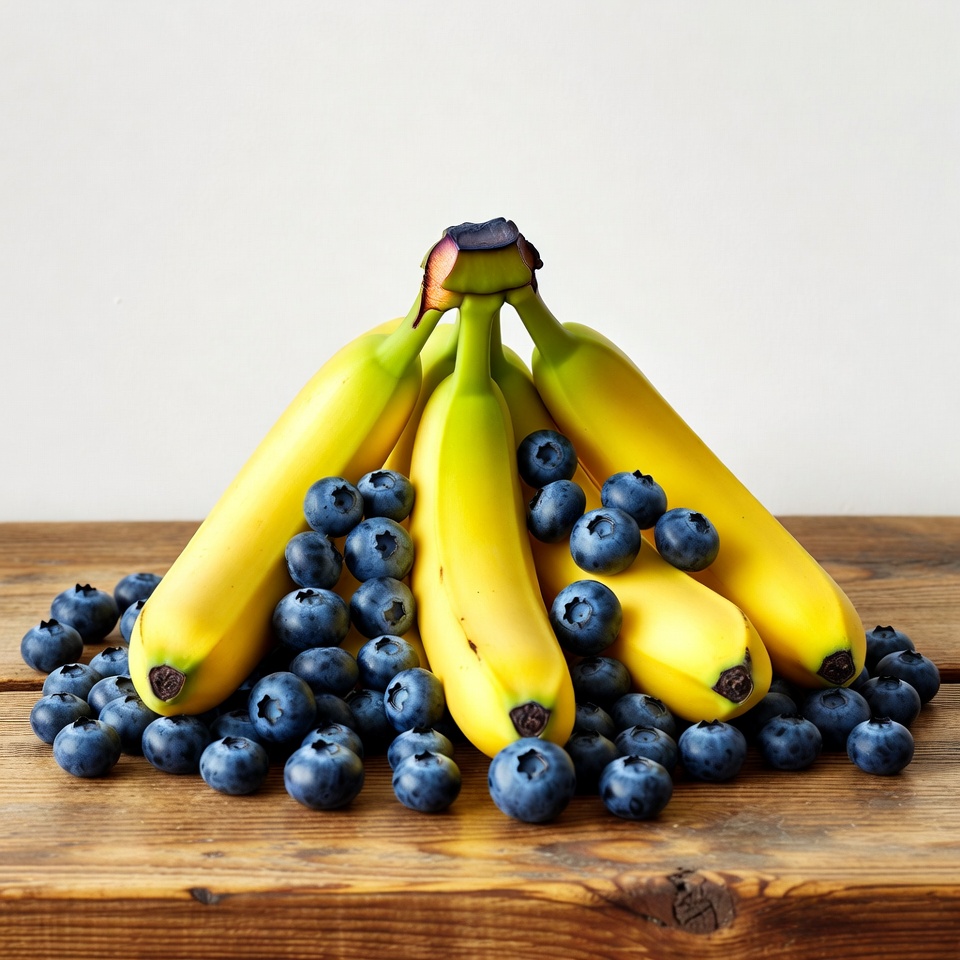 Bananas and Blueberries on Wooden Surface Bananas and Blueberries on Wooden Surface