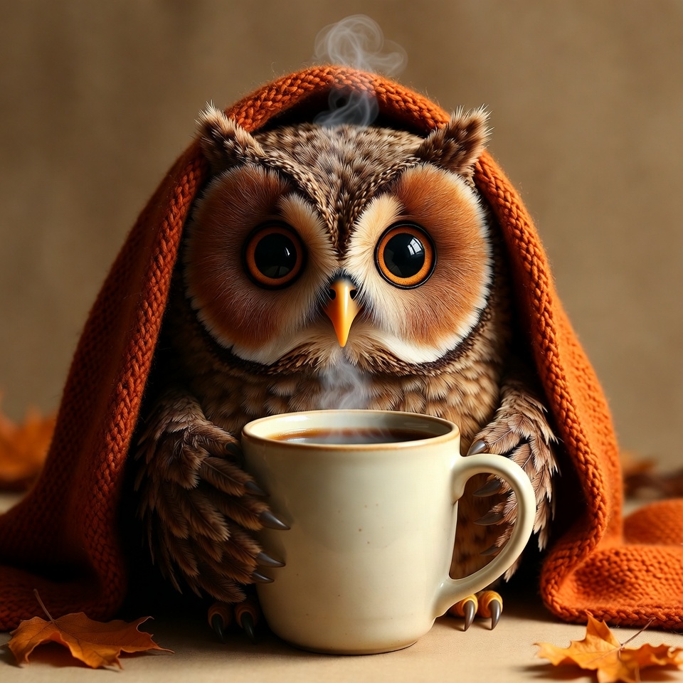 Cute Owl Sipping Coffee in Blanket Cute Owl Sipping Coffee in Blanket