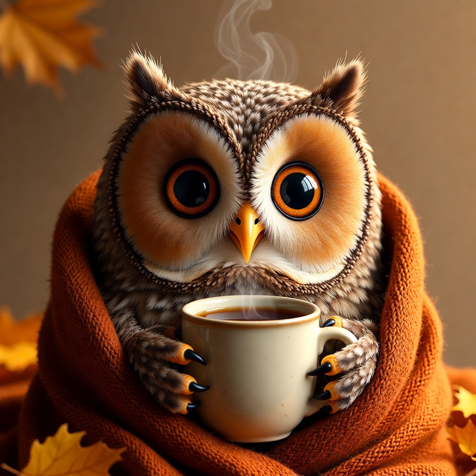 Cute Owl Sipping Coffee in Blanket Cute Owl Sipping Coffee in Blanket
