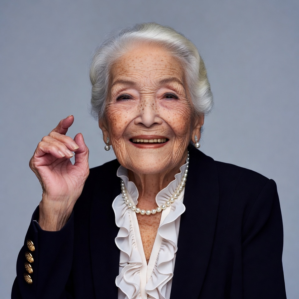 Elderly woman smiling with raised finger Elderly woman smiling with raised finger