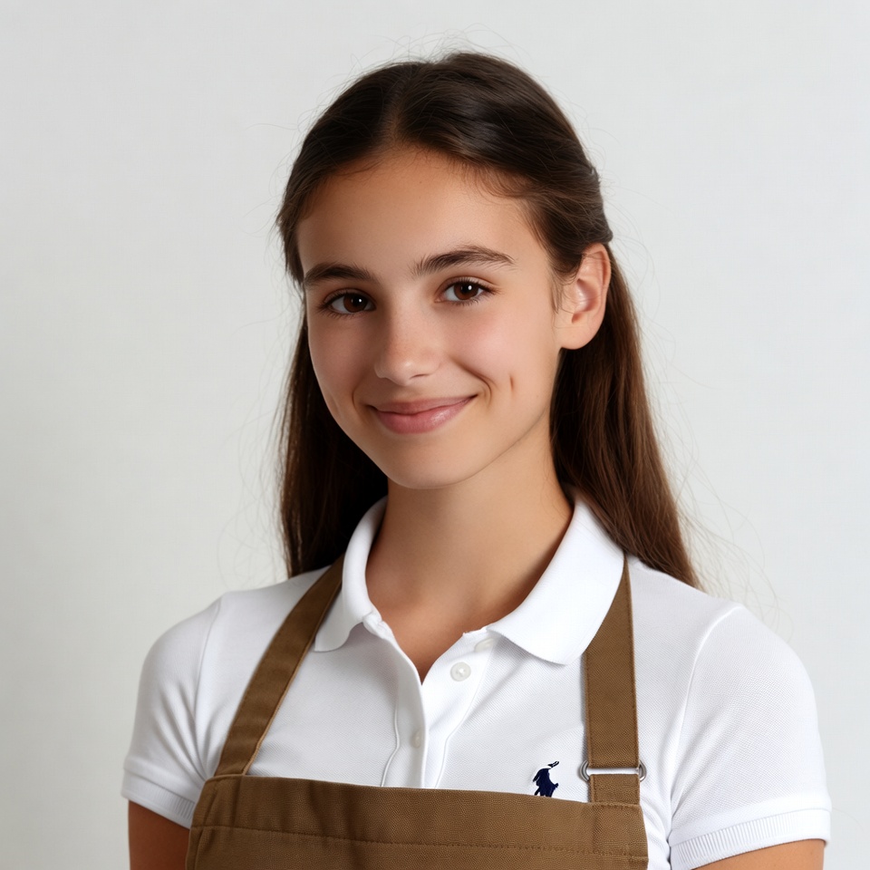 Smiling girl in white shirt brown apron Smiling girl in white shirt brown apron