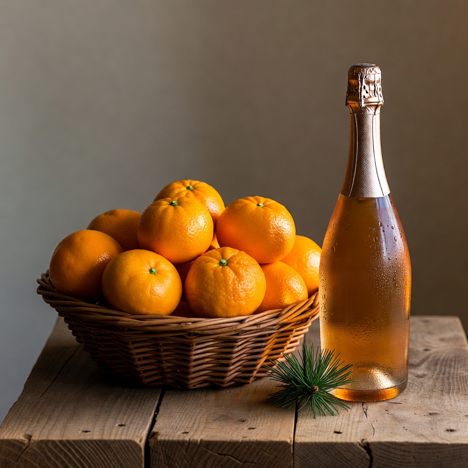 Basket of Oranges with Champagne Bottle Basket of Oranges with Champagne Bottle
