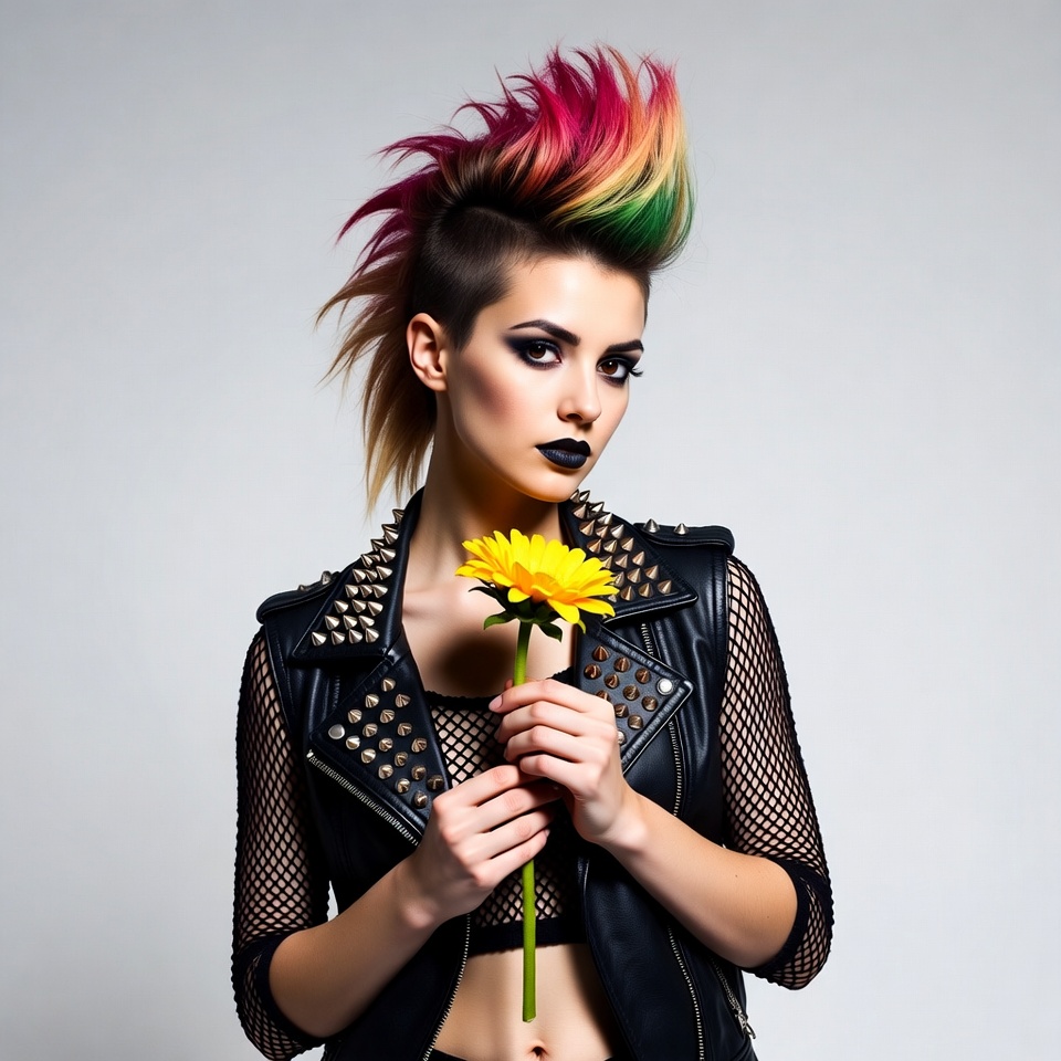 Woman with colorful mohawk holding daisy Woman with colorful mohawk holding daisy