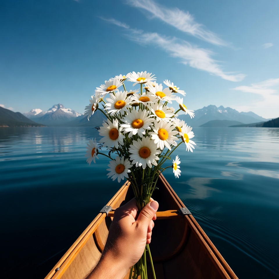 Hand holding daisies in canoe Hand holding daisies in canoe