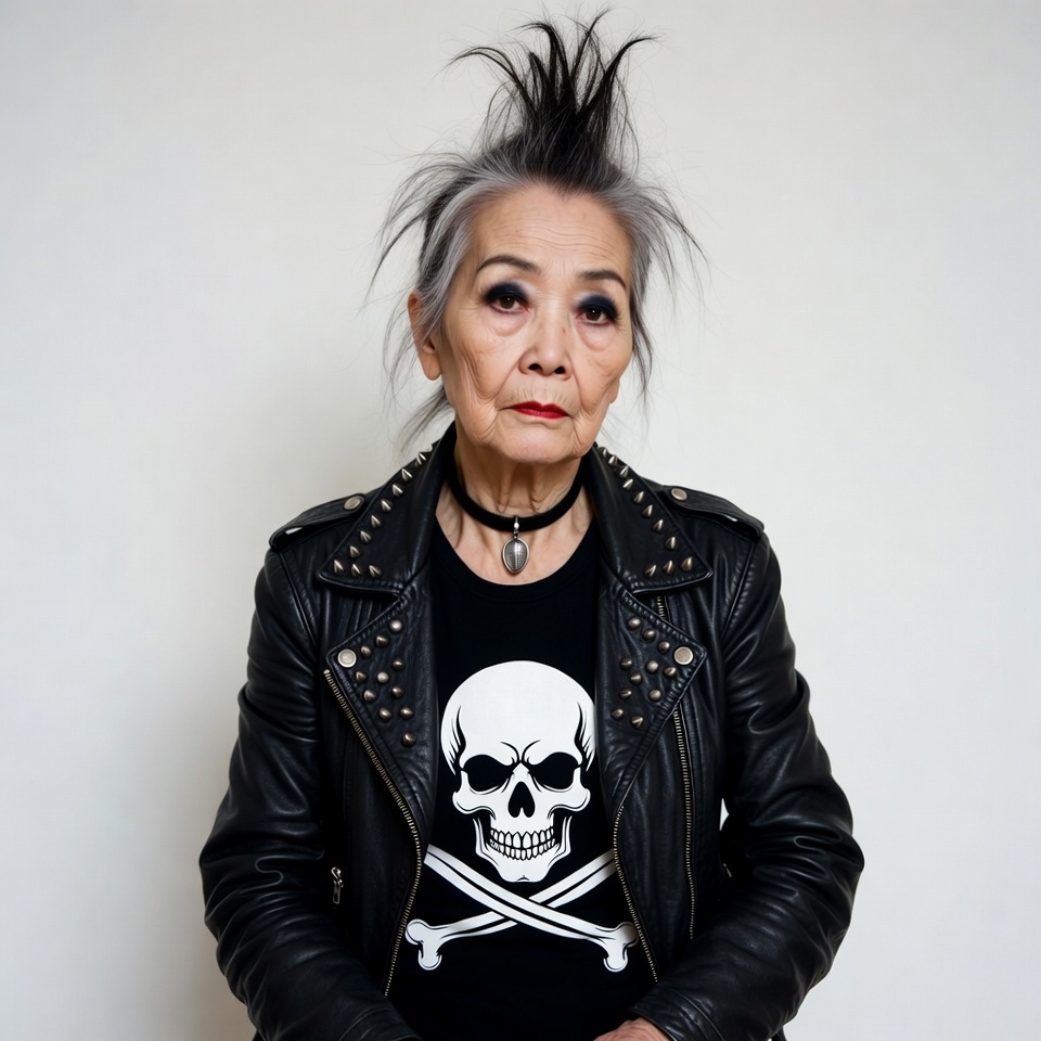 Elderly Asian woman in punk mohawk Elderly Asian woman in punk mohawk