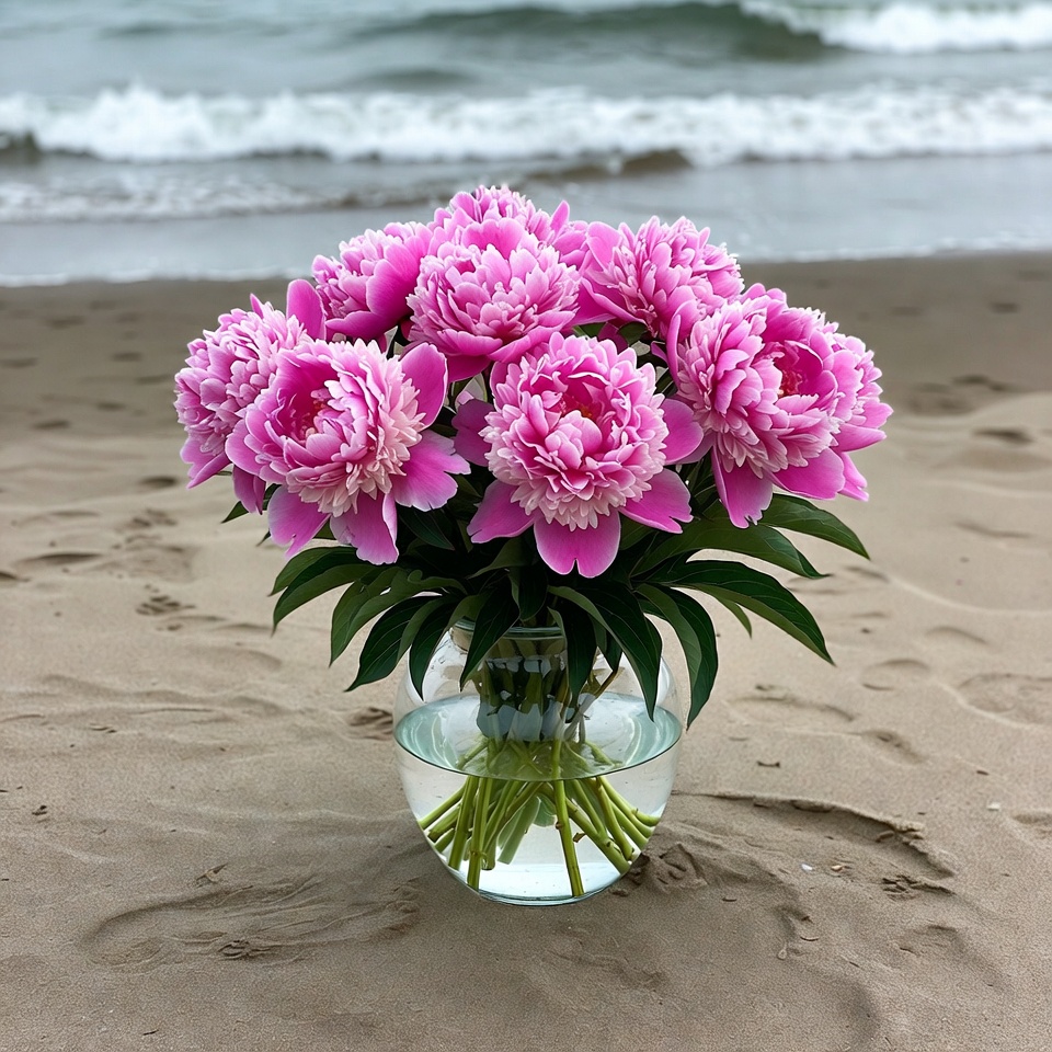 Pink Peonies Bouquet in Glass Vase on Beach Pink Peonies Bouquet in Glass Vase on Beach