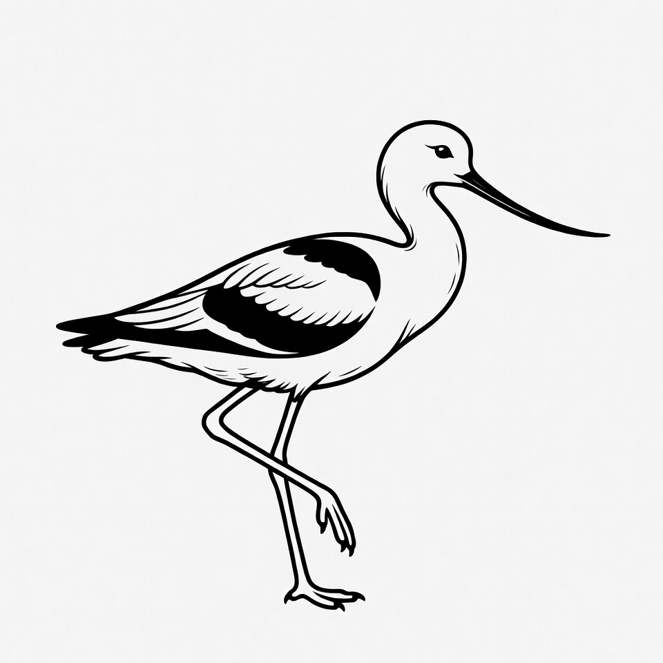 Black and White Avocet Bird Illustration Black and White Avocet Bird Illustration