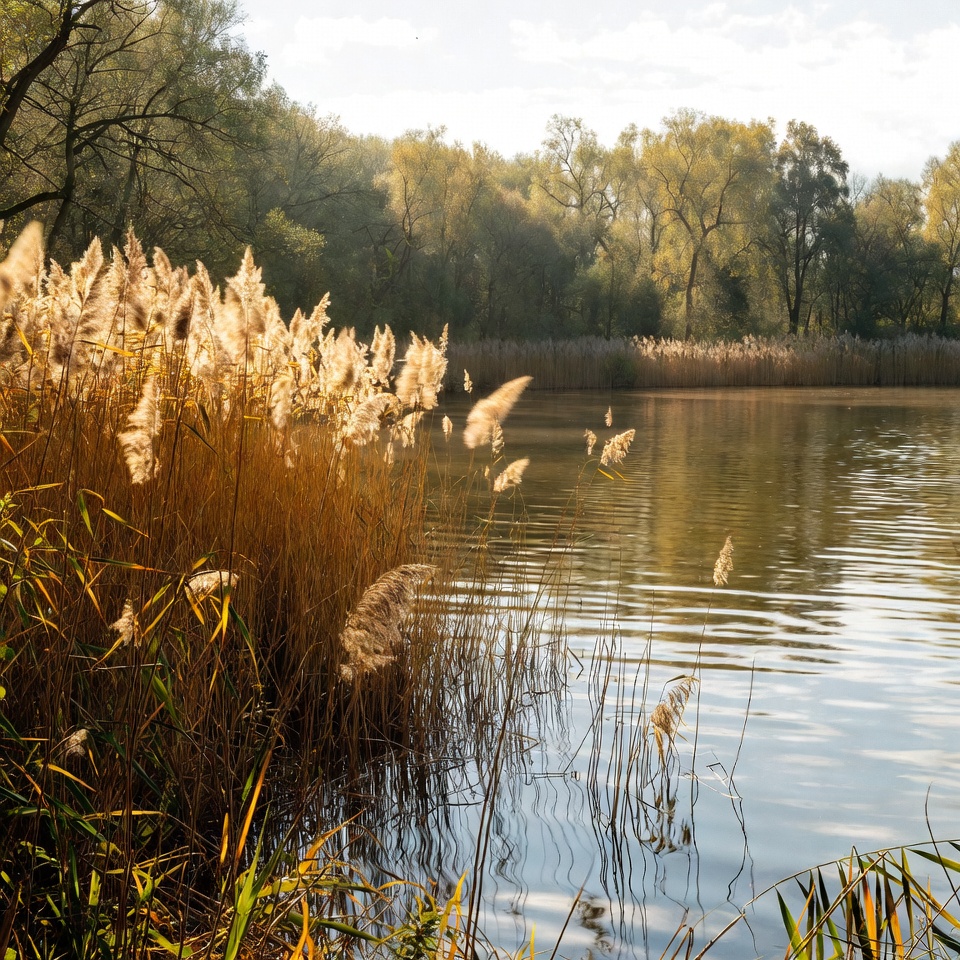 Golden reeds by serene lake Golden reeds by serene lake