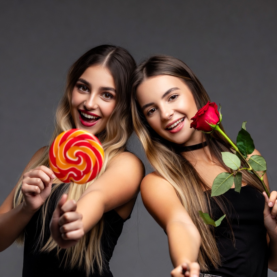 Two women holding lollipop and rose Two women holding lollipop and rose
