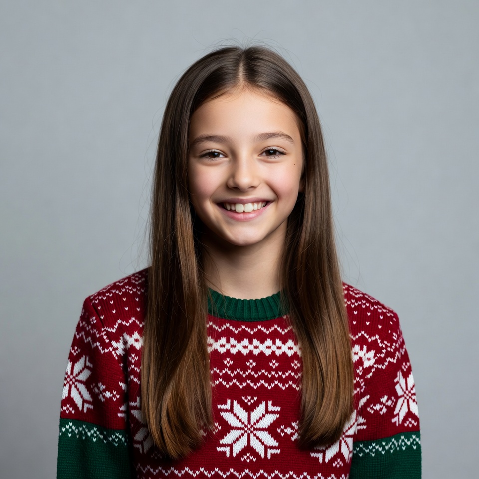 Girl smiling in red Christmas sweater Girl smiling in red Christmas sweater