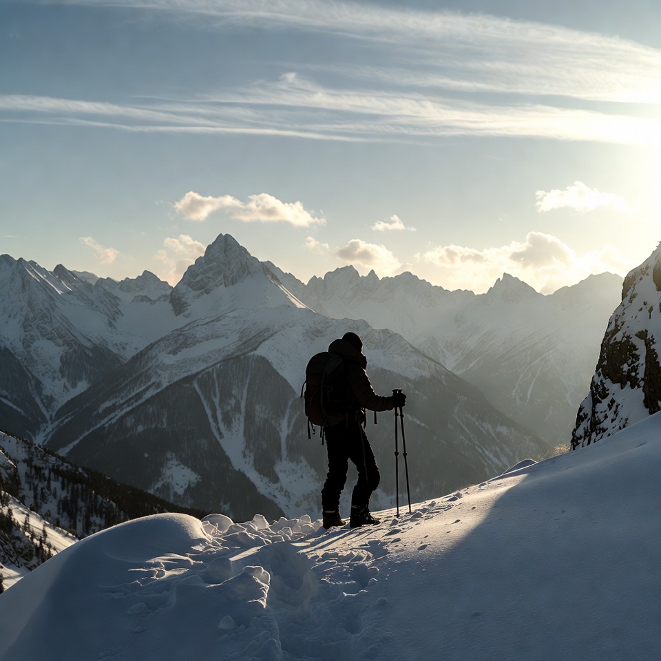 Man hiking snowy mountains silhouette Man hiking snowy mountains silhouette