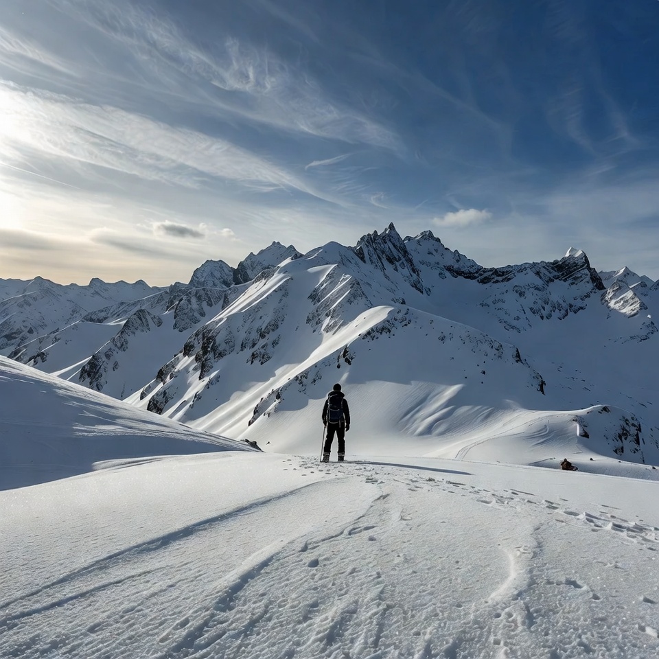 Man standing on snowy mountain ridge Man standing on snowy mountain ridge