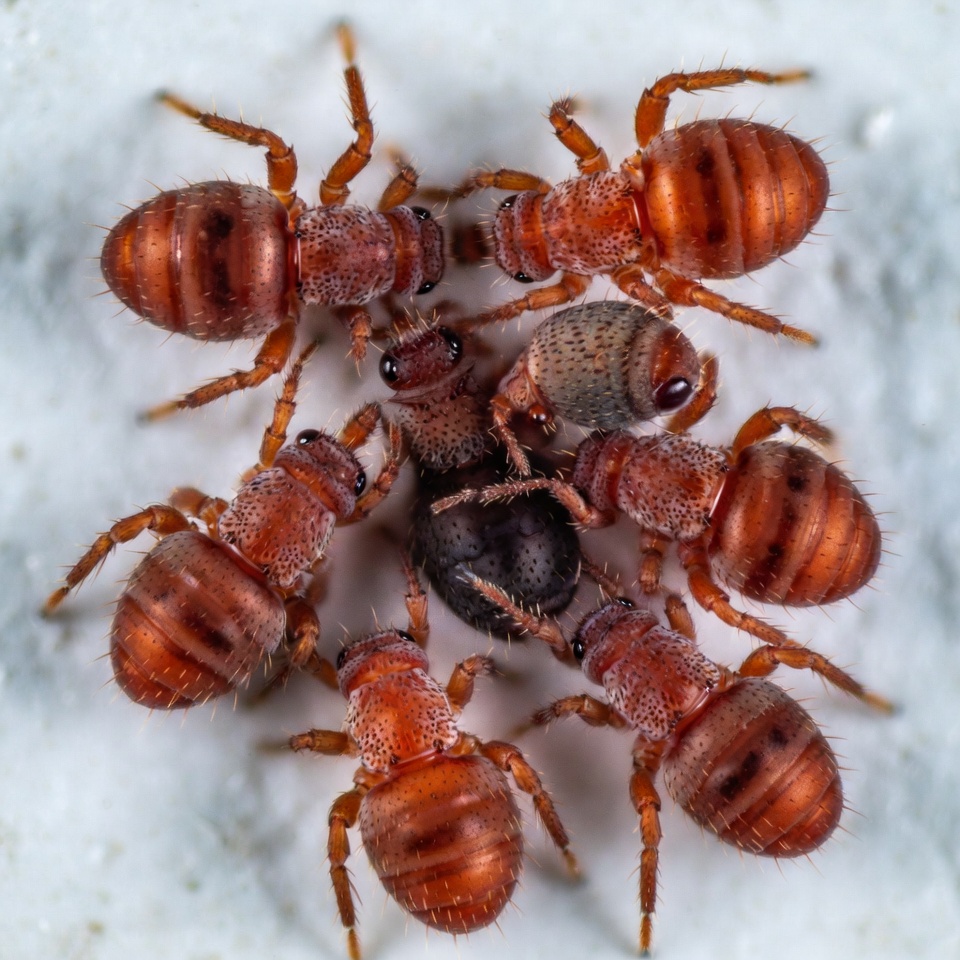 Red ants surrounding egg on white Red ants surrounding egg on white